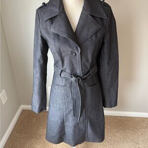 H&M Charcoal Gray Denim-Effect Belted Trench Coat Jacket - Size 8